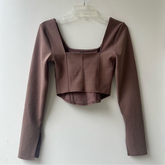 Abercrombie & Fitch Long Sleeve Corset Scoop Neck Top - Taupe Brown - Size S - Picture 5 of 13